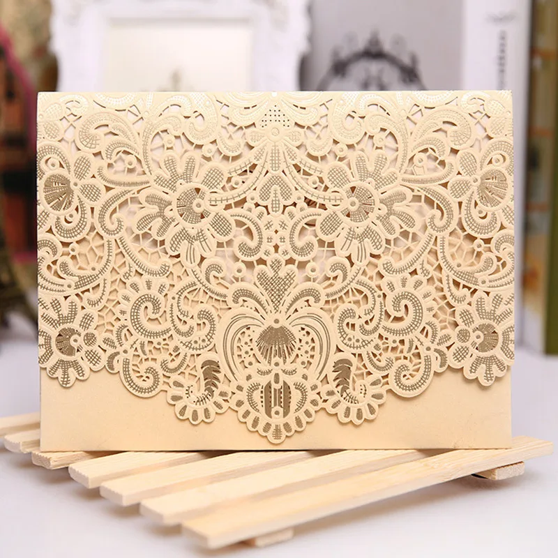 100pcs Gold Horizontal Laser Cut Wedding Invitations Cards Kits with Hollow Flora Favors Pearl Paper Cardstock for Customizable