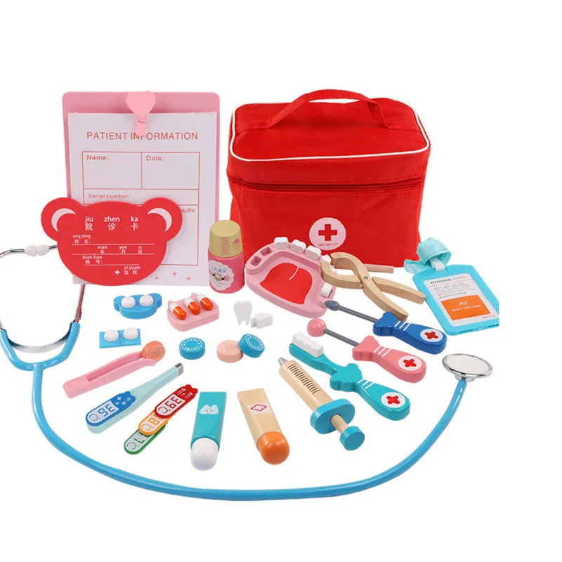 Juego de juguetes médicos para niños, Kit de juegos de simulación de madera para niñas y niños, caja de Medicina de dentista médica roja, bolsas de