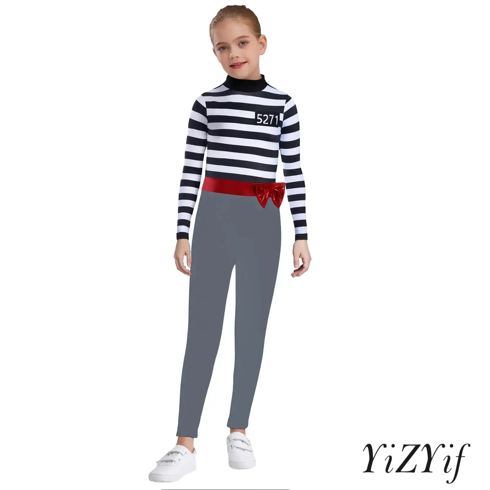 

2025 Kids Girls Prisoner Cosplay Jumpsuit Halloween Fancy Party Costumes Zipper Long Sleeve Stripes Jumpsuit+Non-detachable Bow