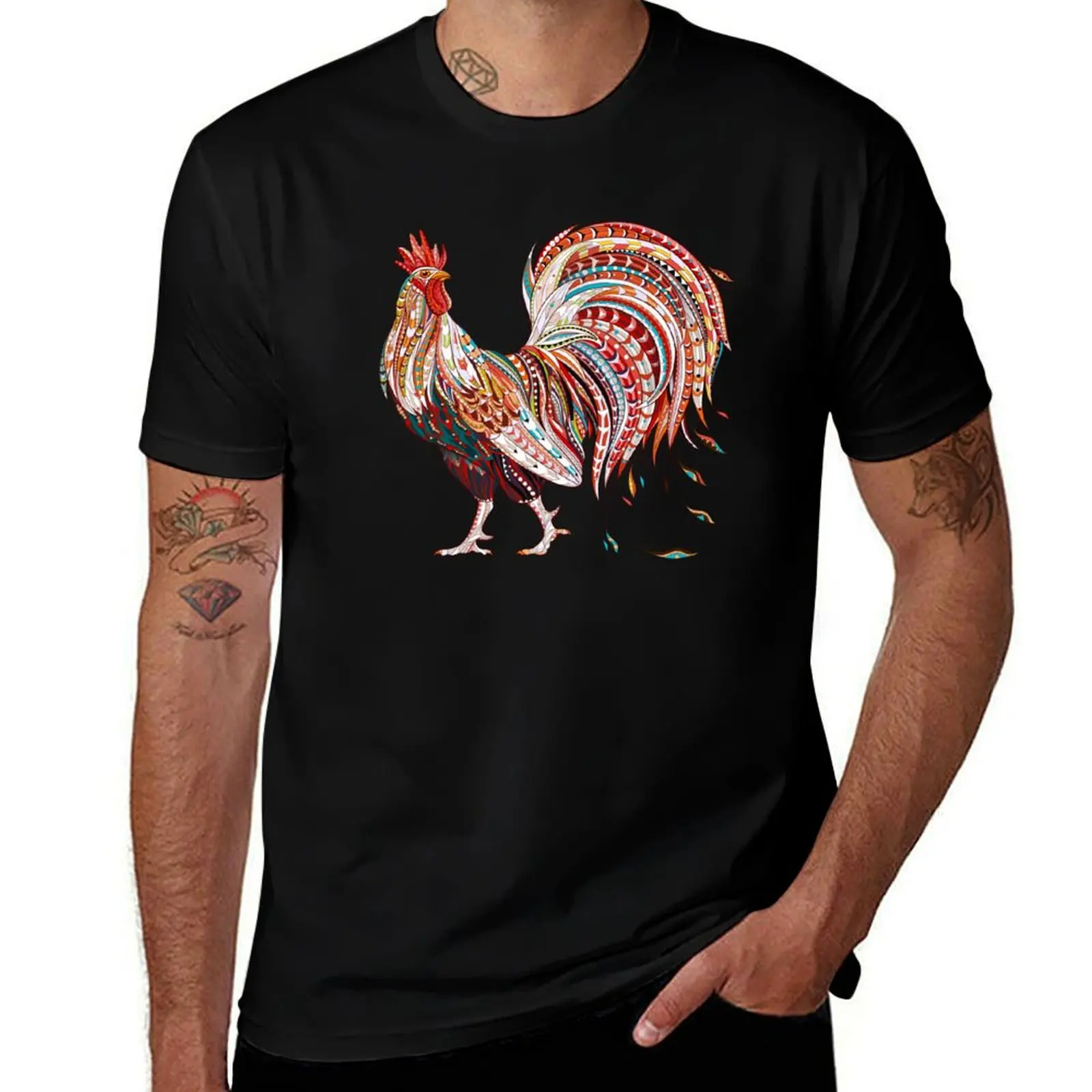 Patterned fiery rooster T-Shirt Basic Short Sleeve Cotton Blend T-Shirt