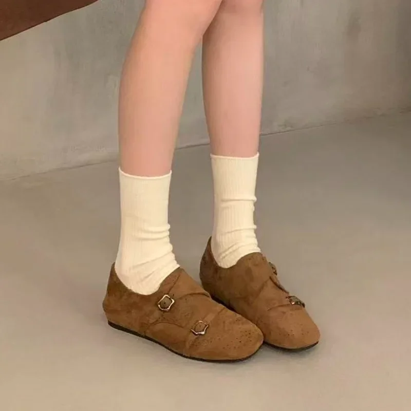 Women's Suede Mary Jane Shoes Flats with Double Buckle Straps and Butterfly-knot Detail Elegant Ladies Elevation Ballet Shoes