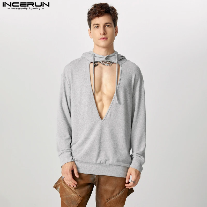 INCERUN Men's Knitted Deep V-Neck Hooded Sweatshirts Leisure Solid Loose Pullovers Handsome Simple All-match Work Jumpers S-5XL