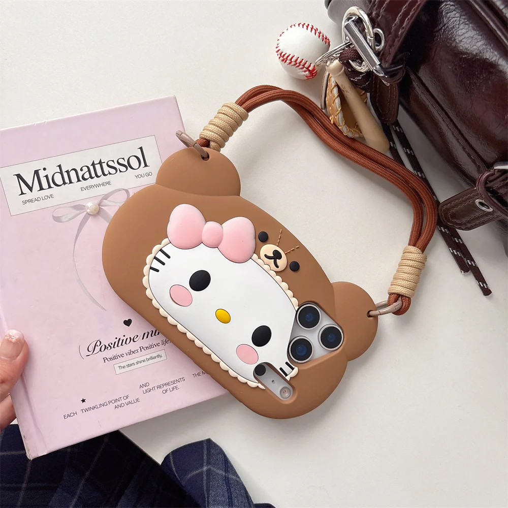 Kawaii جديد مرحبا كيتي الدب حقيبة يد ثلاثية الأبعاد جراب هاتف آيفون 17 برو 13 14 15 17 برو ماكس فوندا 16 E 15 زائد سيليكون الكرتون حالات