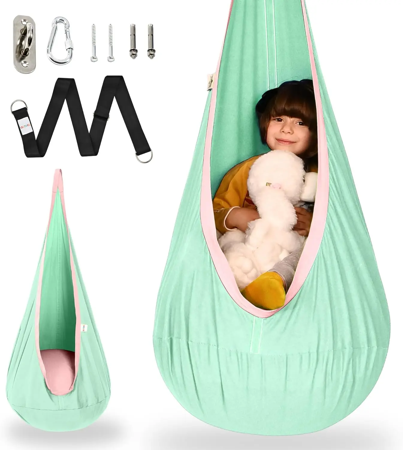 

Kids Pod Swing Seat, Cotton Child Hammo Swing Chair, Sensory Swing For Indoor And Outdoor Use, Aron Green