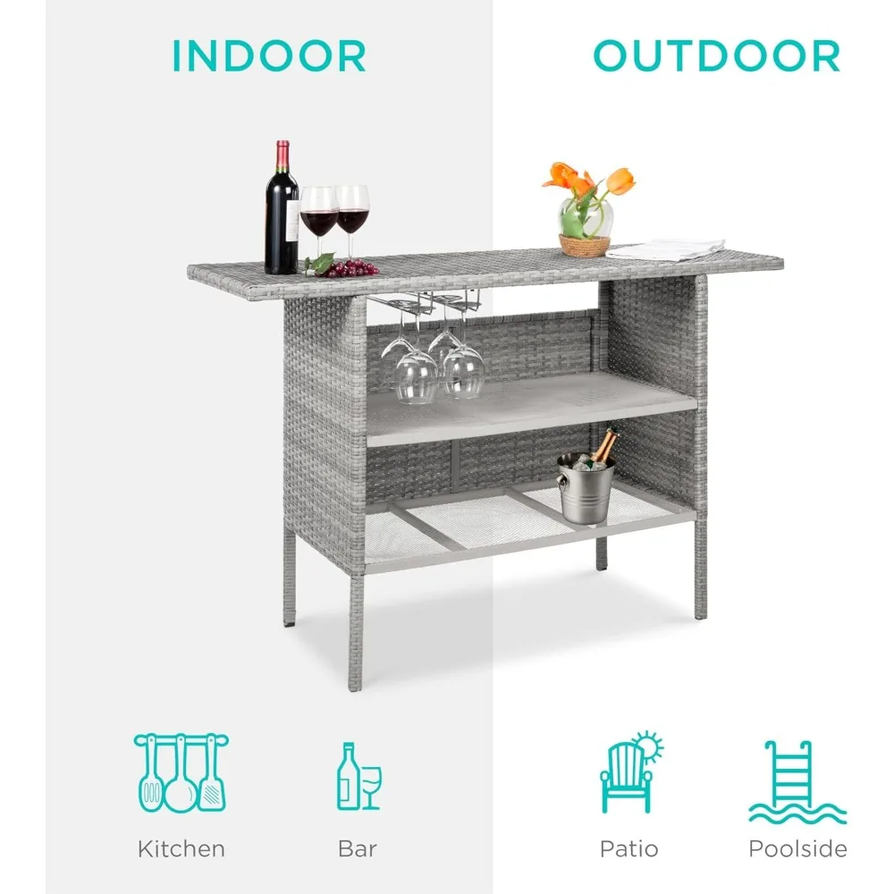 أفضل منتجات الاختيار في الفناء الخارجي، طاولة بار من الخيزران، أثاث الفناء الخلفي مع رفين فولاذيين ومجموعتين من القضبان - رمادي #4