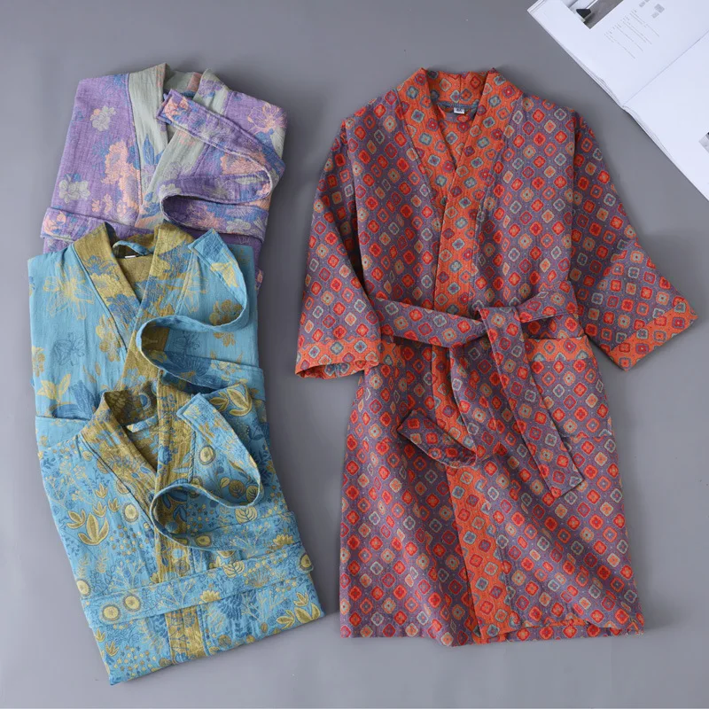 100% Cotton Double Layer Gauze Kimono Robes For Kids New Boy And Girls V Neck Long Sleeves Bathrobe Nightgown Child Home Clothes