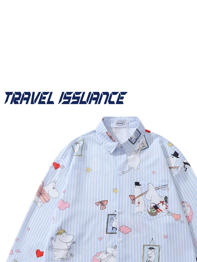

Travel Issuance Long Sleeve Cartoon Print Button up Striped Loose Fit Men's Shirt Youth Fashion Breathable Comfortable Casual...