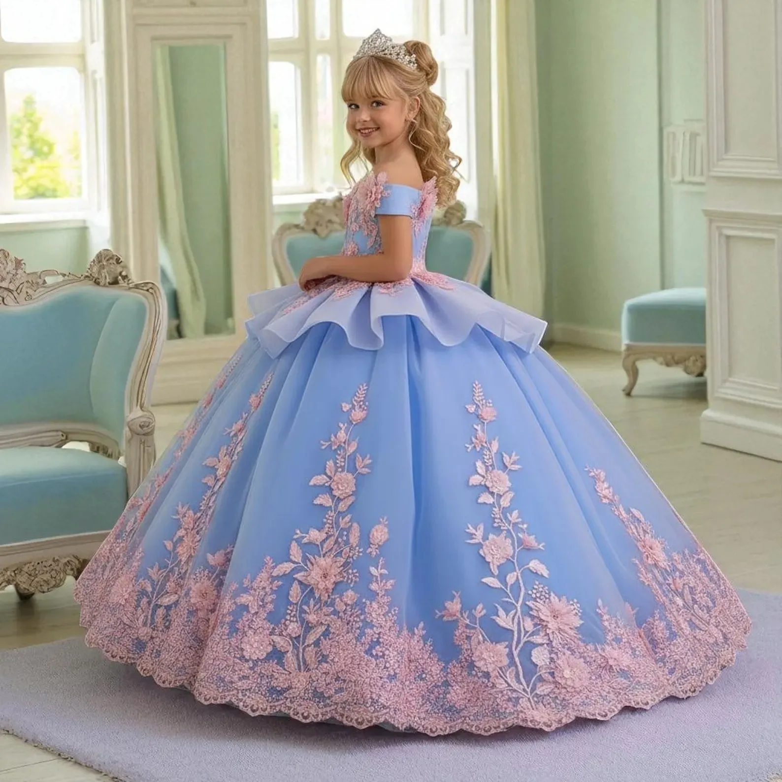 Gestuftes Blumenmädchenkleid aus Tüll für Hochzeiten, schulterfreies Ballkleid mit Applikationen, Geburtstagskleid 2026, Erstkommunionkleid nach Maß – Detail 8