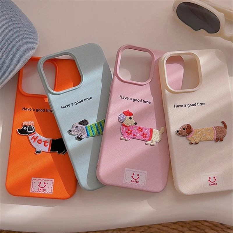 Cute Cartoon Dachshund Litchi Pattern Phone Case For iPhone 16 15 14 13 12 11 Pro Max X XR Korean Lovely Shockproof Soft Cover