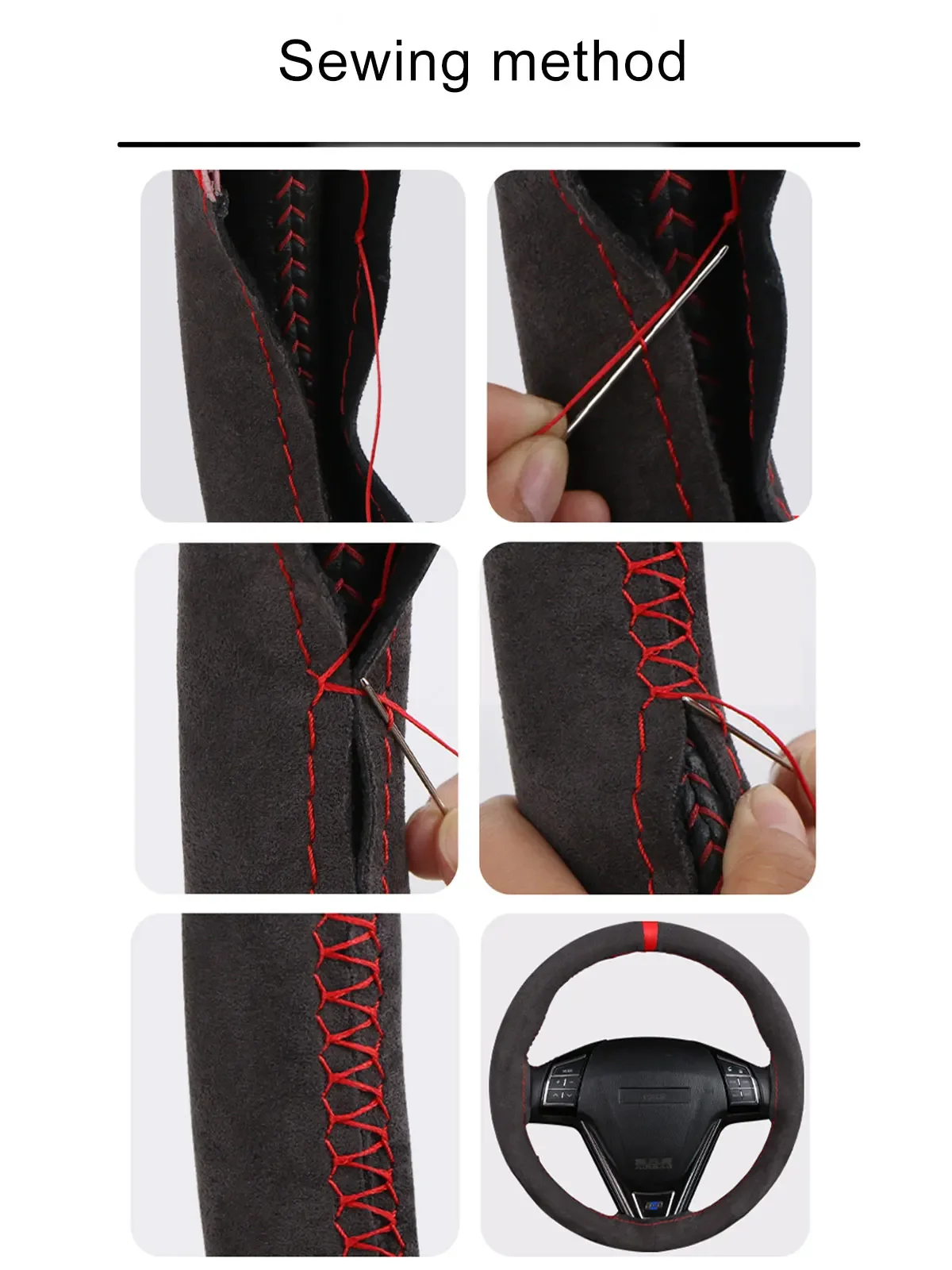 Handgenähter 37-39cm Auto-Lenkradbezug, Perforiertes Mikrofaserleder, Verschleißfester Rutschfester Lenkradschutz – Detail 7