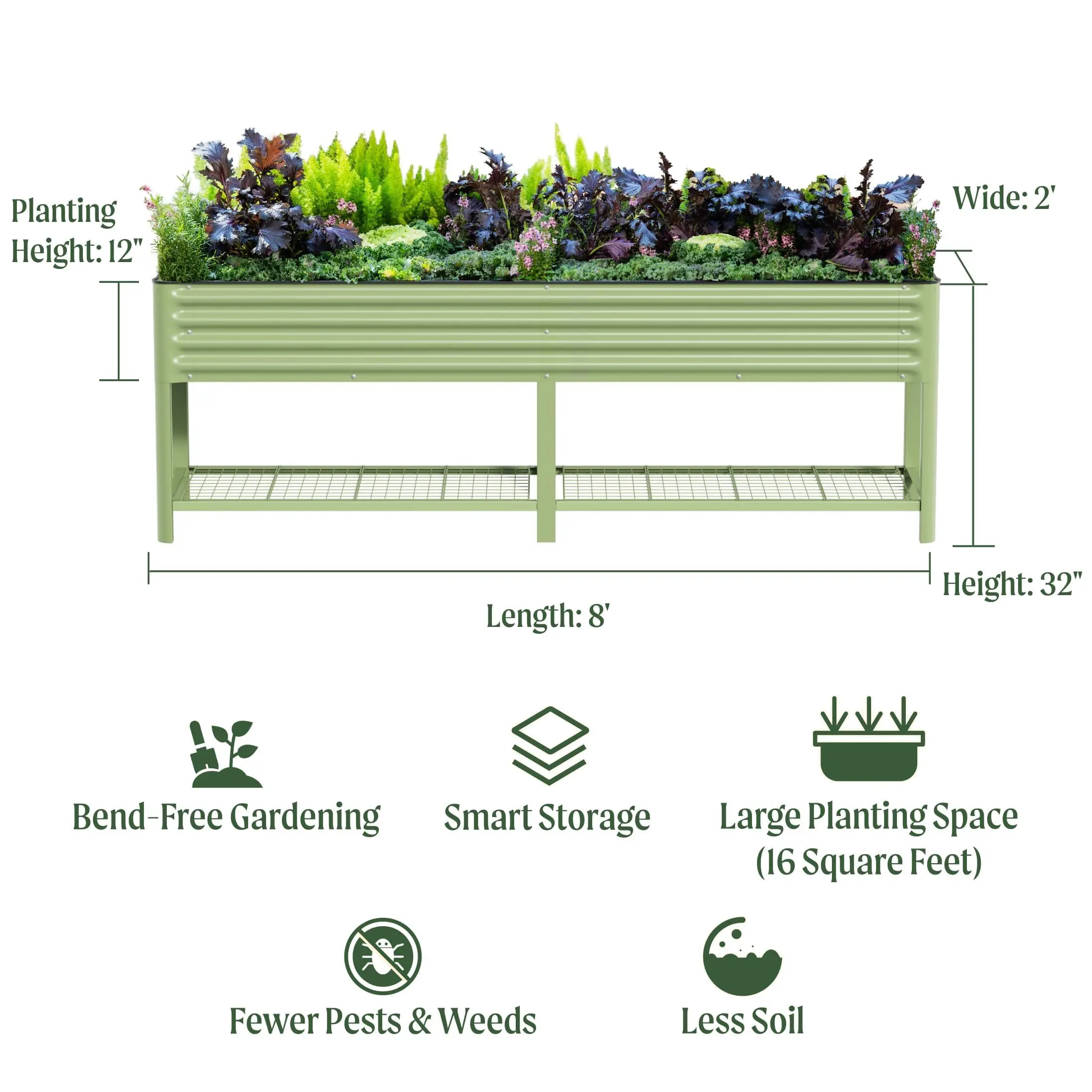 Elevated Raised Garden Bed, 2' x 8' Outdoor Planters Boxes with Legs & Storage Rack for Patio, 1400 Lbs Weight