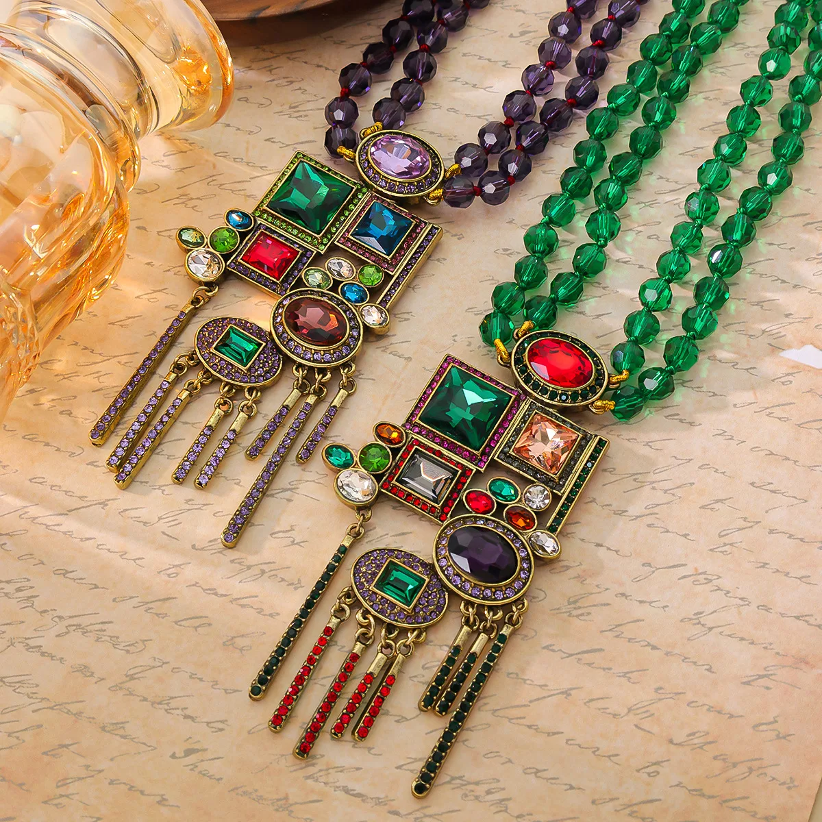 Qingdao Vintage Heavy Industry Geometric Element Tassel Pendant Inlaid Gemstone Round Bead Necklace