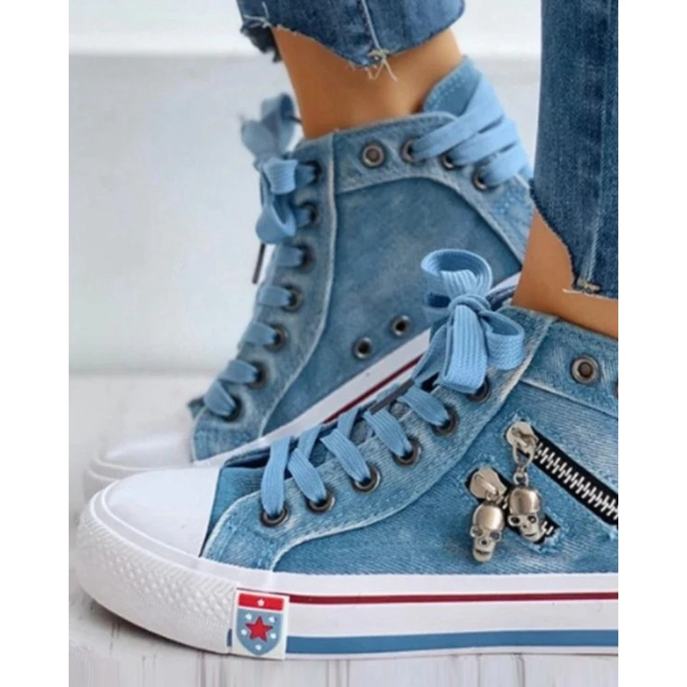 Women Denim Eyelet Lace-up Zipper Design Skull Decor Sneakers Spring Autumn Daily Casual Sports Sunning Shoes 2024 Korean Style