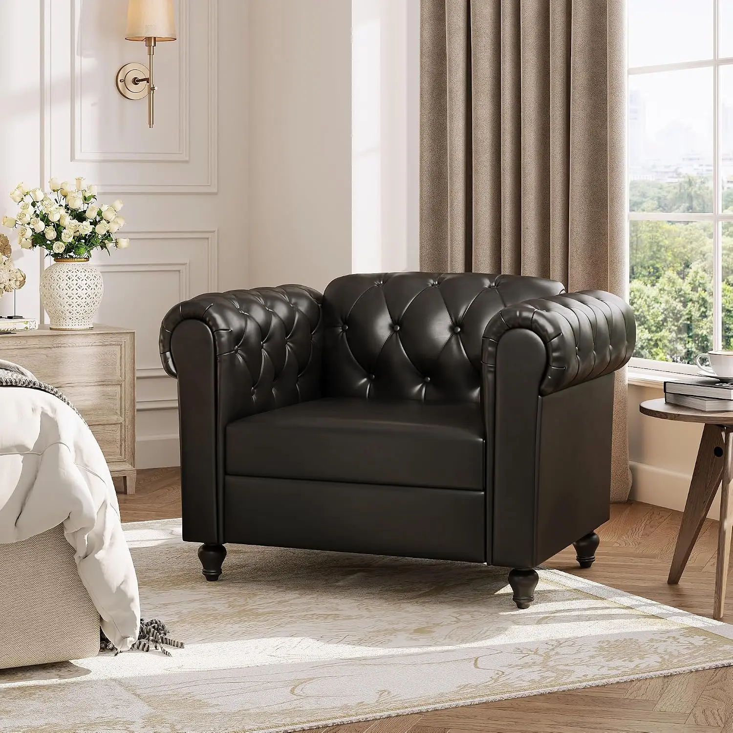 Black Faux Leather Accent Chairs, Button-Tufted Upholstered Club Chair Retro Armchairs, Mid Century Modern Accent, Customized
