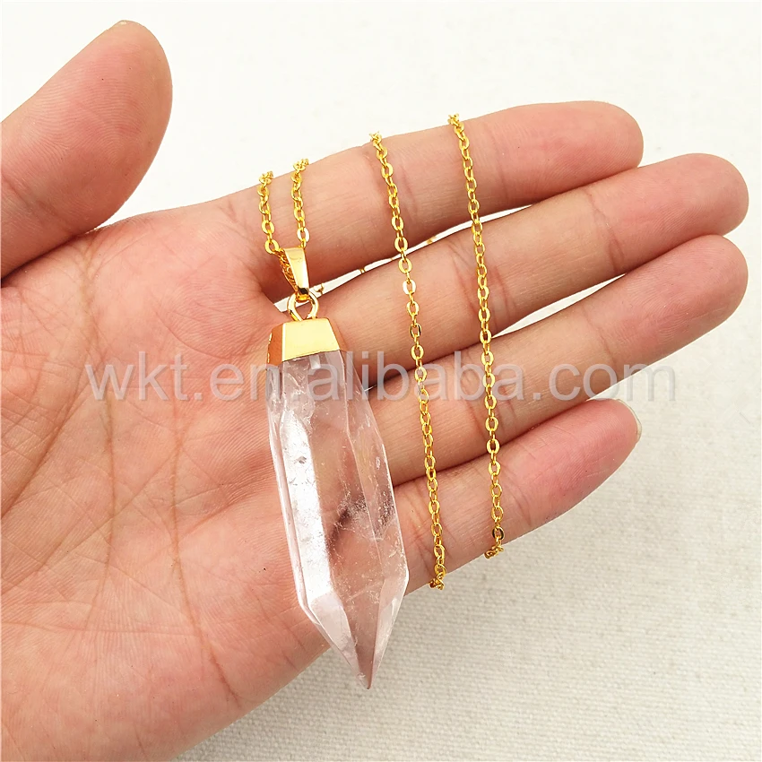 

WT-N872 Оптовая продажа, красивое прозрачное кварцевое ожерелье в форме пули, натуральный кристаллический камень с позолоченной крошечной цепочкой для женщин