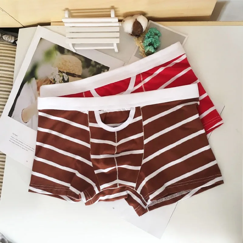Men's Underwear Pure Cotton Boxers Student Youth Low Waist Boys Sexy Breathable Latest Summer Trendy Stripe Trunk Underpants