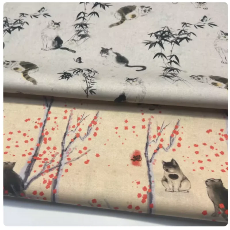 

Chinese ink-wash style bamboo and cat patchwork fabric, 100% cotton fabric for DIY handmade clothing and book covers, T100