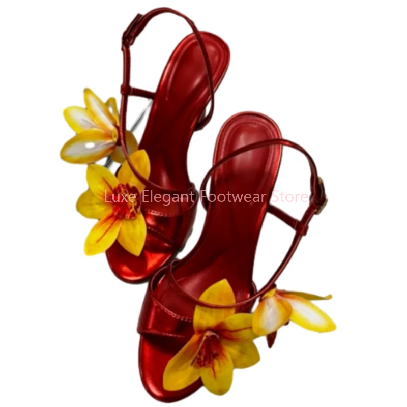 Red Flower Decor Back Strap Hollow Slingback Sandals Women Mixed Colors Open Toe Strappy Thin High Heels Sweet Vacation Shoes - view 6