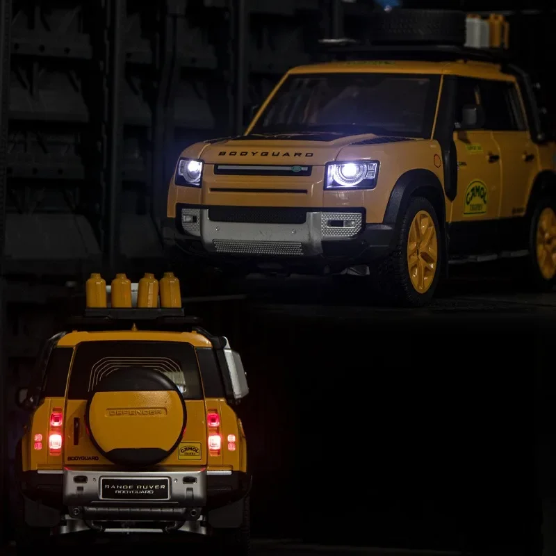 Diecast 1/18 Land Rover Defender 110 Camel Trophy Off Road Car Model Children Toys Vehicles Gift Sound Light Voiture Miniature