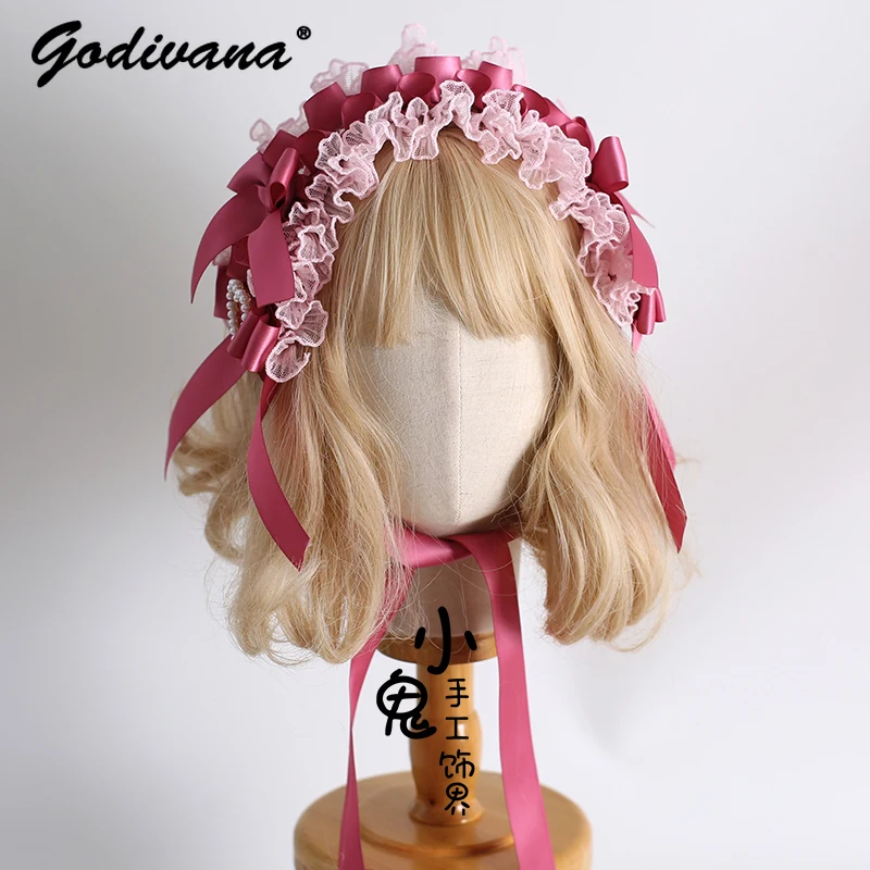 Magnifique poupée dentelle nœud Bonnet rose Bnt haut-de-forme dentelle bandeau fille femmes doux Cosplay chapeaux Lolita couvre-chef