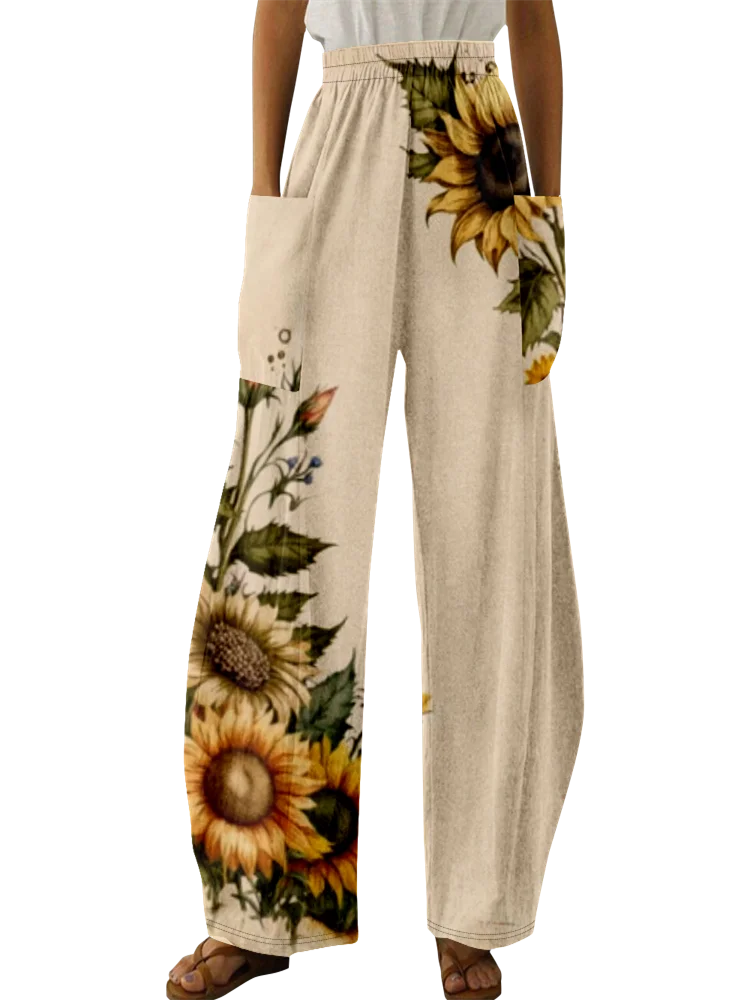 Spring Sunflower Print Pants Summer Casual Trousers Women Bloomers Harajuku Y2K Trousers Oversize Pants Pockets Pantalones