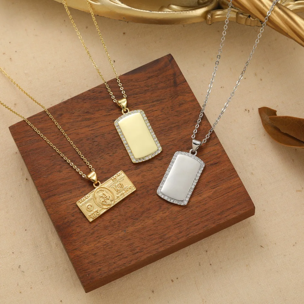 New Fashion Hot Sale Diamond-encrusted Banknotes Gold Ingot Silver Ingot Geometric Shape Pendant Necklace, Versatile Item