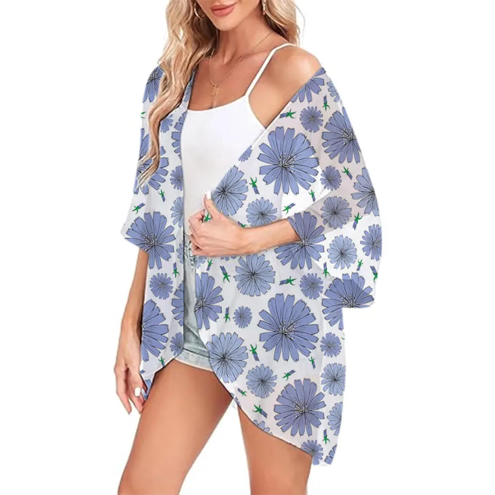 Nieuwe Dames Losse Bloemenprint Chiffon Coverups Strand Zwemmen Bikini Tops Kimono Cardigan Poff Mouw Cover Up Blouse Badmode Jas