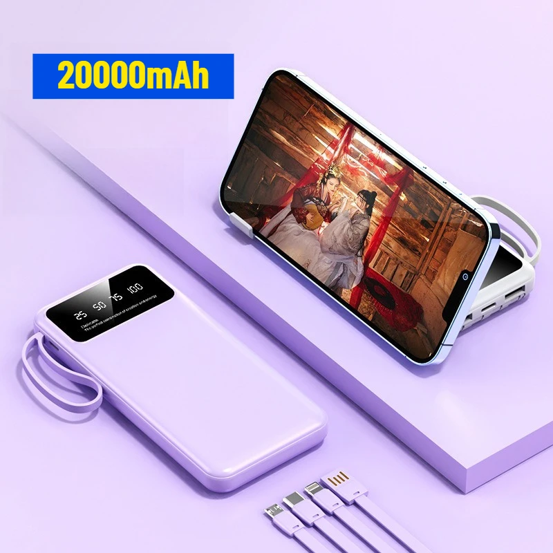 

New Self-charging Power Bank with Built-in Cable Multi-port Charging 20000mAh Portable Mobile Power Bank for Cell Phones