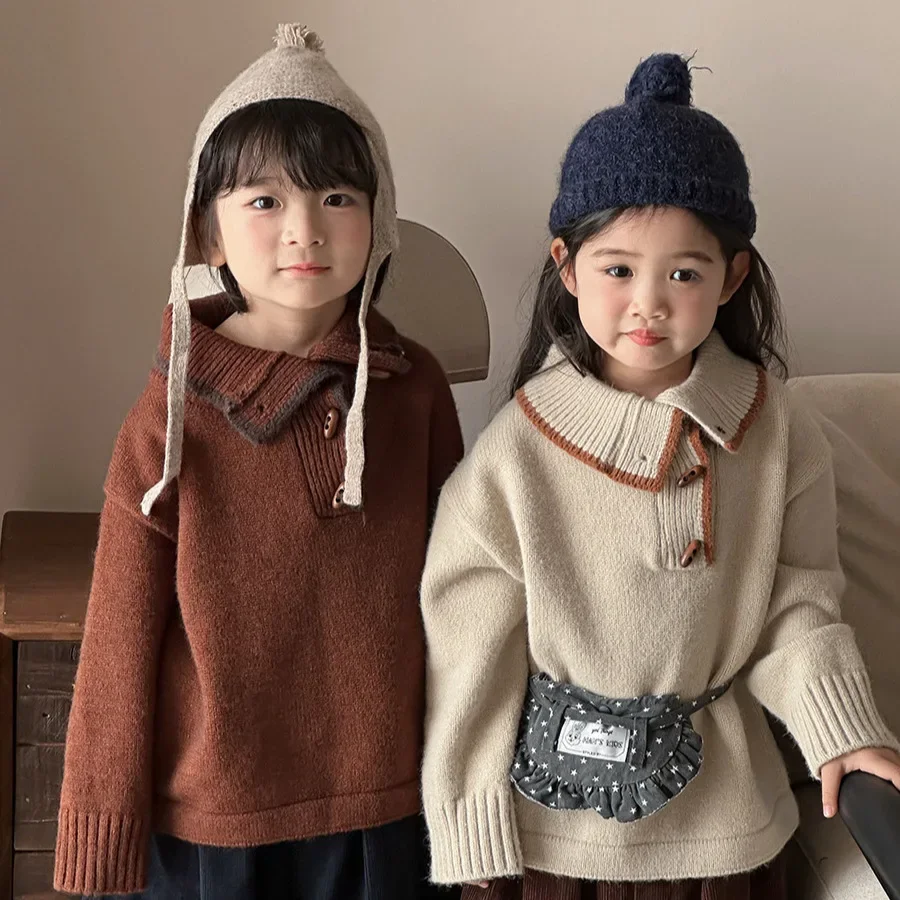 2025 Kids Winter Asymmetrical Placket Sweater Polo Neck Jumper Warm Thick Knitted Pullover Unisex Baby Toddler Tops