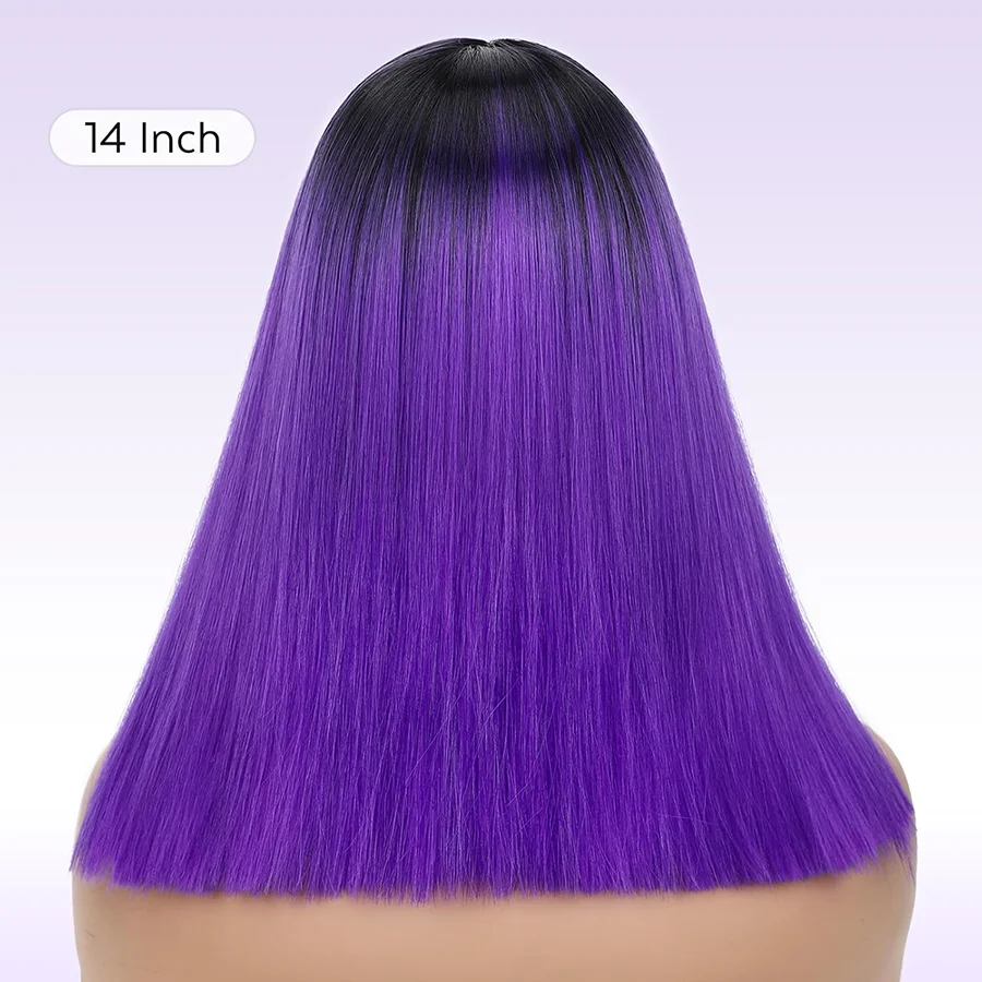 14inch  Ombre Purple Bob Wig, Middle Part Straight Synthetic Wig with Dark Roots, Shoulder Length for Daily, Cosplay & Party
