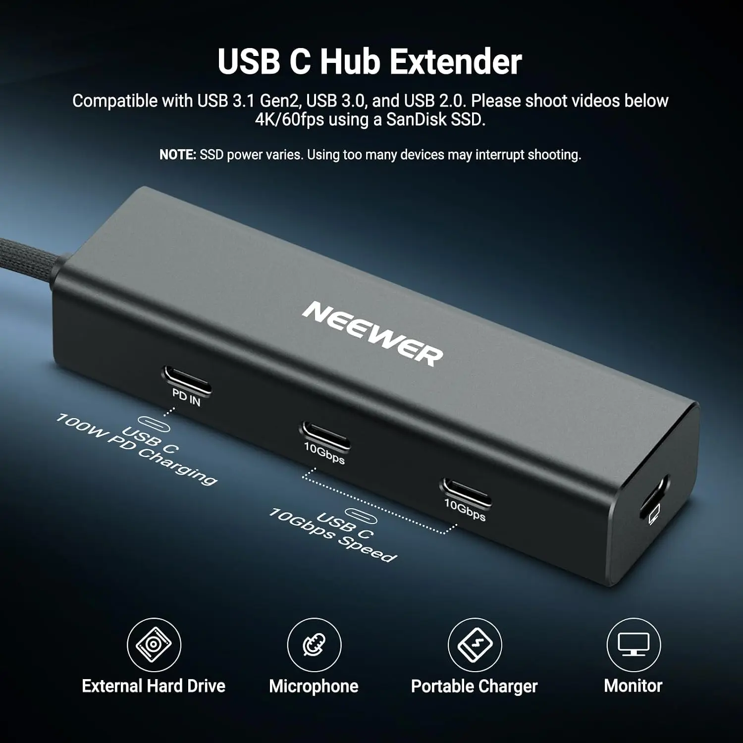 NEEWER USB-C Hub Dock mit Cold Shoe Halterung, 4-in-1 USB 3.1 Gen2 Extender Multiport Adapter Dongle 100W PD Ladestation – Detail 7