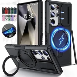 Magnetic Ring Holder Rugged Phone Case For Samsung S25 S24 S23 S22 Ultra Plus A55 A35 A54 5G Slide Window Camera Protect Cover