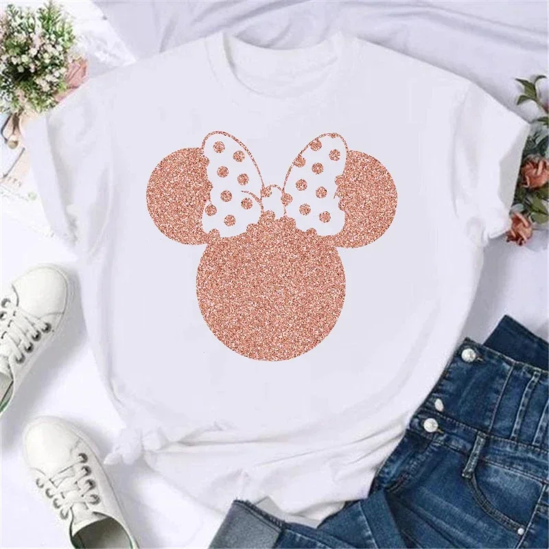 Disney Pink Mouse Head Printed T-Shirt Women Kawaii Mickey Minnie Graphic Harajuku Casual Women\'s T-Shirt Short Sleeve Clothes