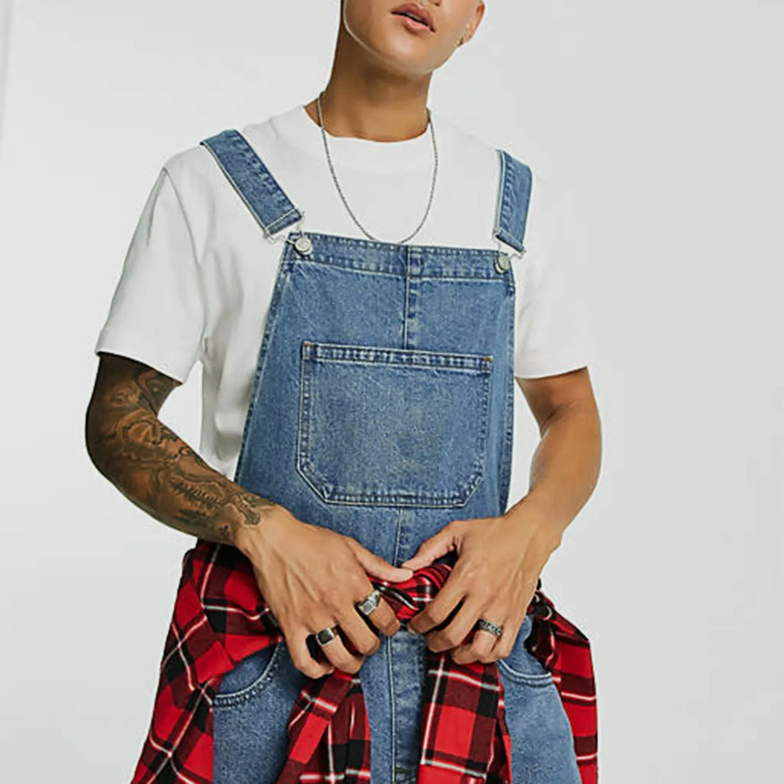 

Europe America Men Jeans Overalls Pockets Casual Loose Long Denim Pants Splice Straight Rompers Solid Colour Suspender Jumpsuits