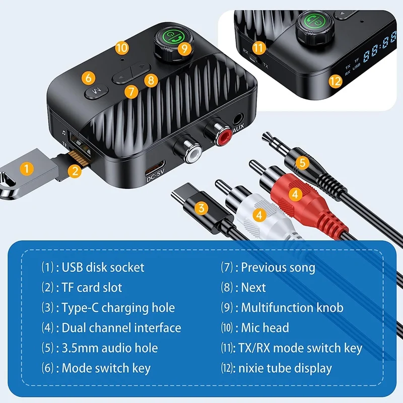 TVおよび自動車用のBluetooth受信機送信機,5.3mmステレオ,LED画面,3.5