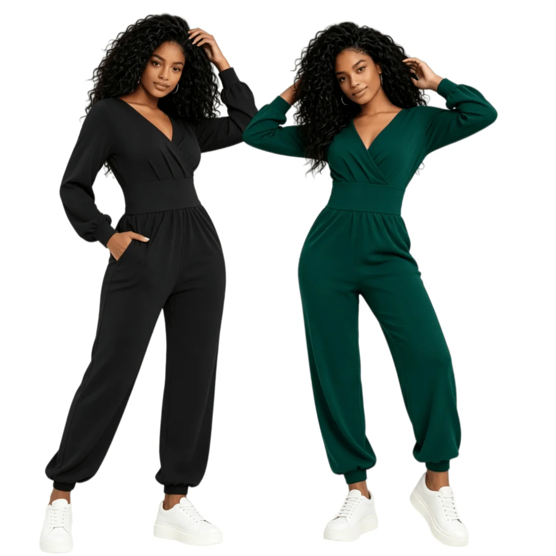 Jumpsuit Criss‑Cross V‑Neck Medical Stretch Jumpsuit - One-Piece Nurse & Doctor Uniform with Long Sleeves Winter Scrub Overalls