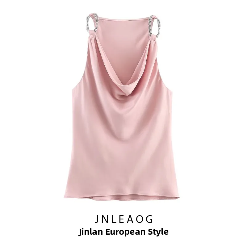 JNLEAOG Damen Faionable Perlen-Seidensatin-Top, vielseitig, Herbst, Neuankömmling, Polyesterfaser-Oberbekleidung, normale Länge
