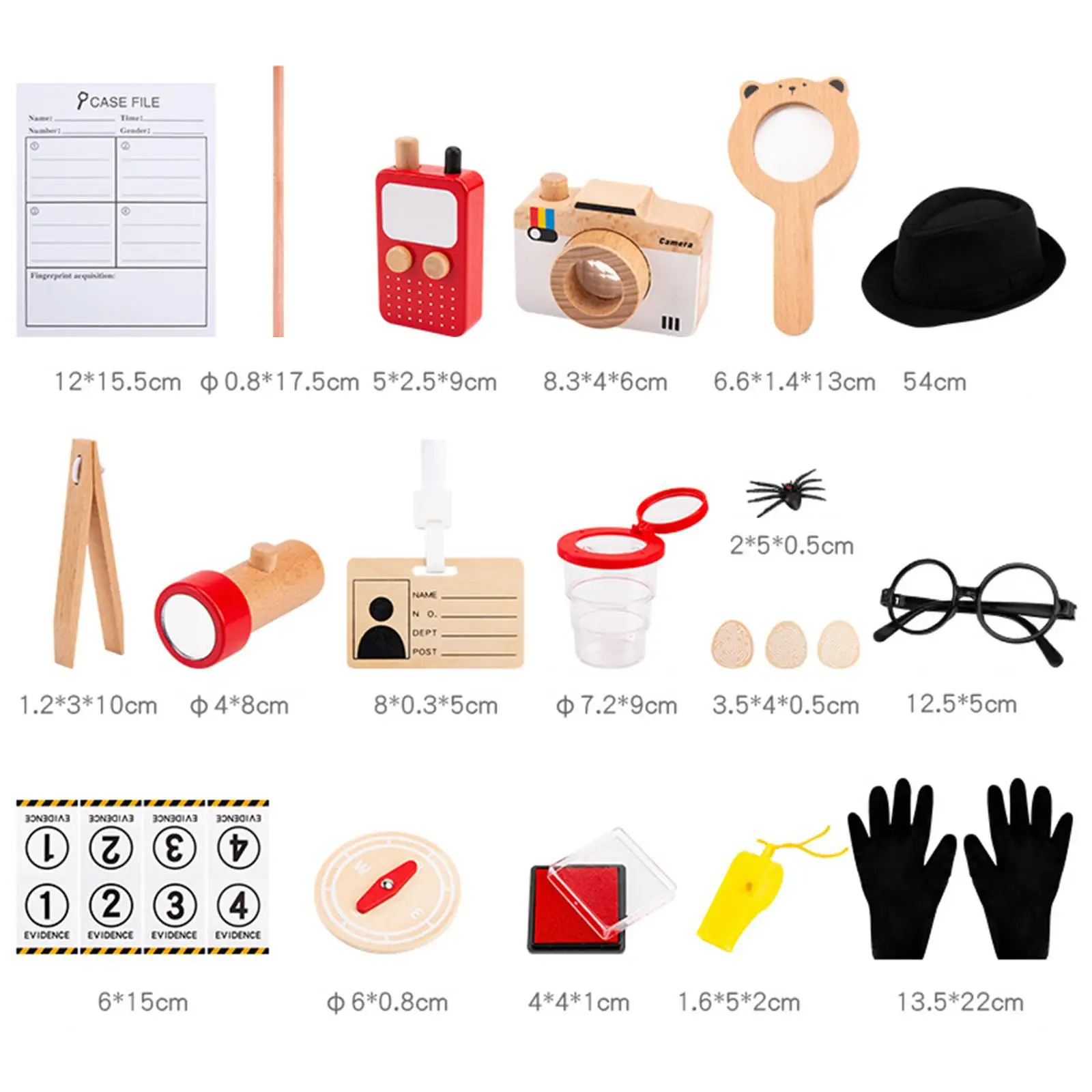Wooden Detective Accessories for Kids Pretend Play Costume STEM Science Magnifying Glass Notebook Camera Hat for Cosplay Photo