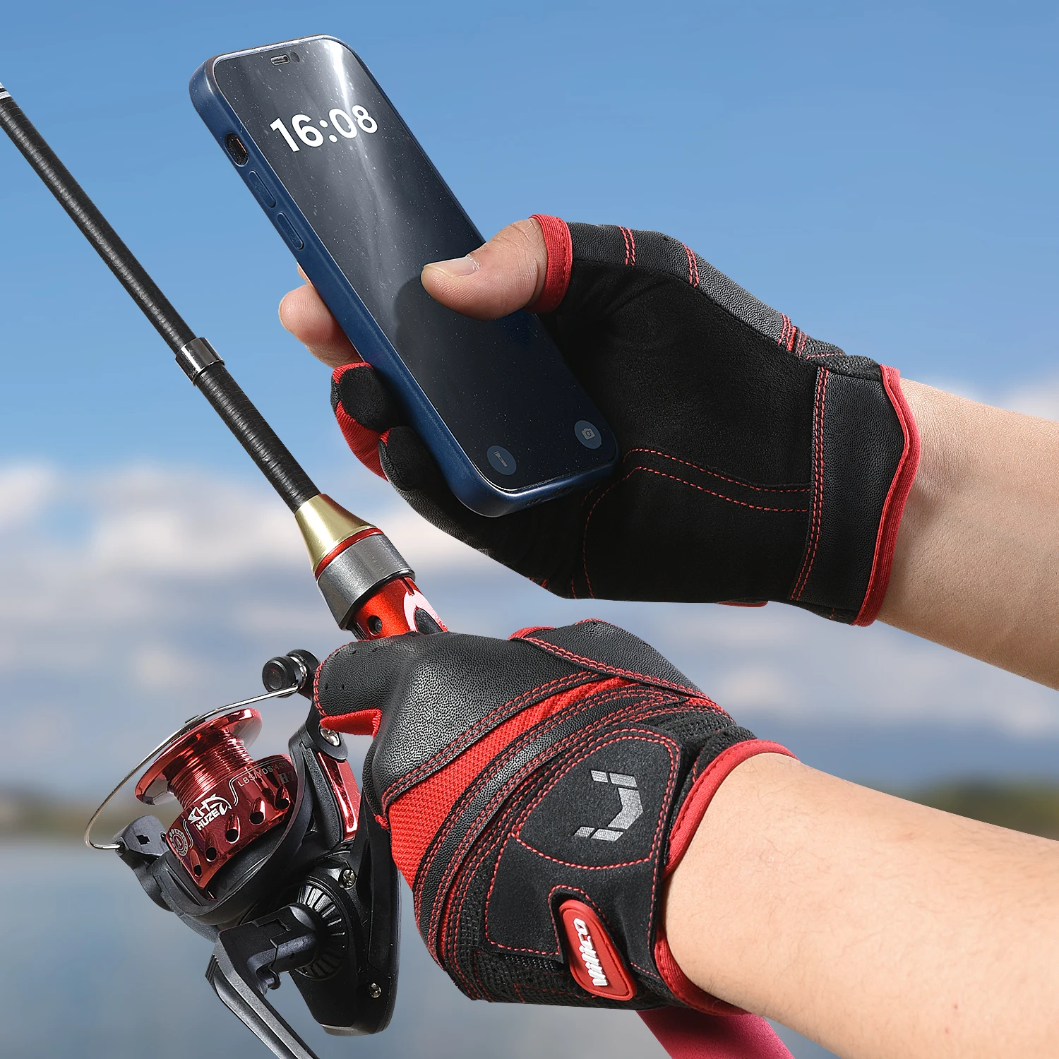 

A pair of durable three finger fishing gloves, made of thin and highly elastic fabric, breathable, cool, non slip and comfortabl