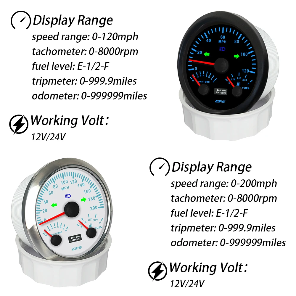 Truck Ship Universal 85mm Multifunctional 0-200km/h GPS Speedometer with 8KRPM Tachometer Fuel Level 7 Colors Backlight 9-32V