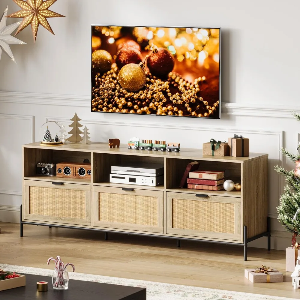 

TV Stand for 75 inch TV, Entertainment Center with Storage, 65 Inch TV Console Table with 3 Drawers, Rattan Media Console Cabine