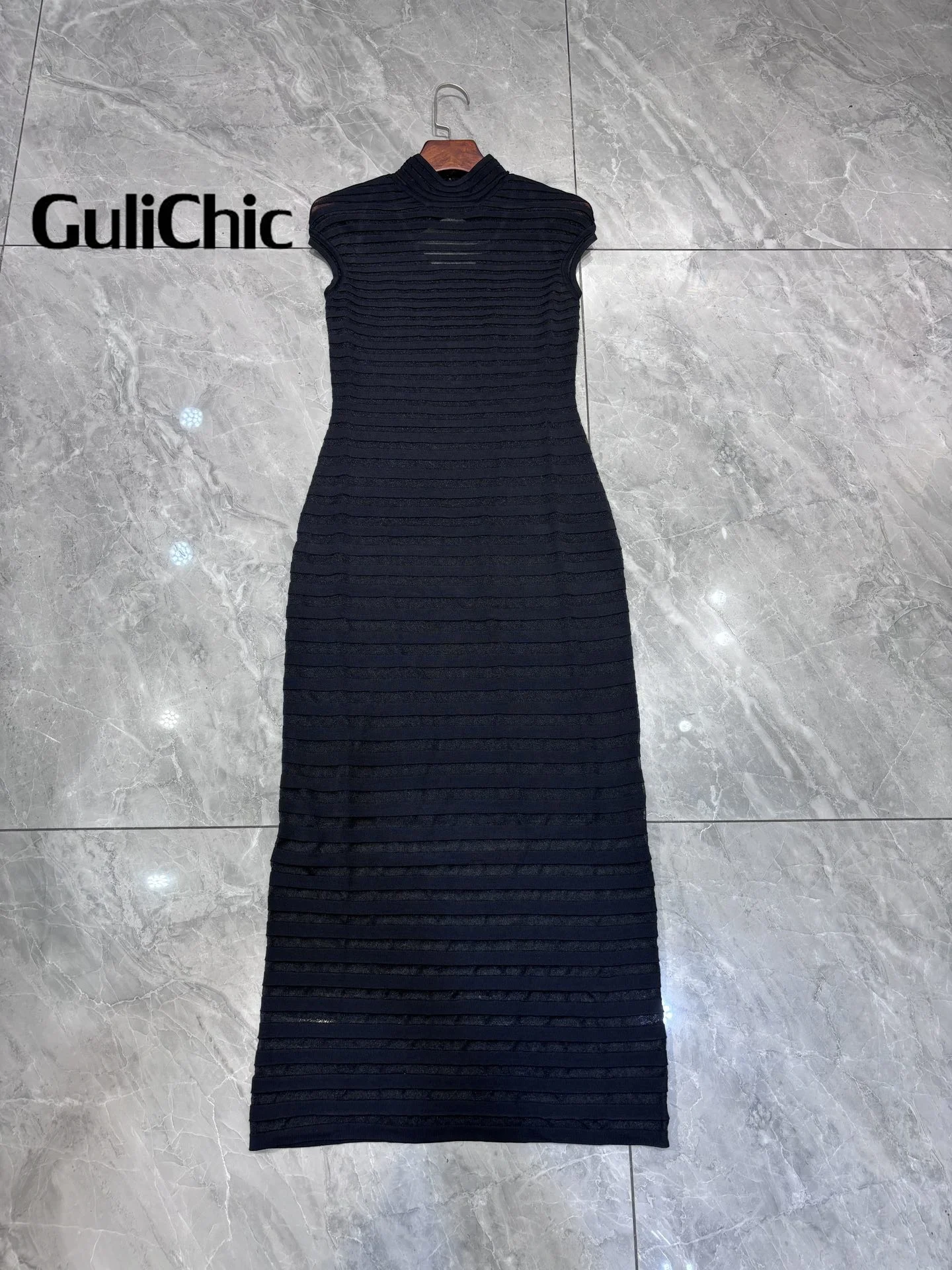 7.12 GuliChic Women Elegant Temperament Stand Collar Knit Dress Fashion Sexy Sheer Striped Hollow Out Backless Design Slim Dress