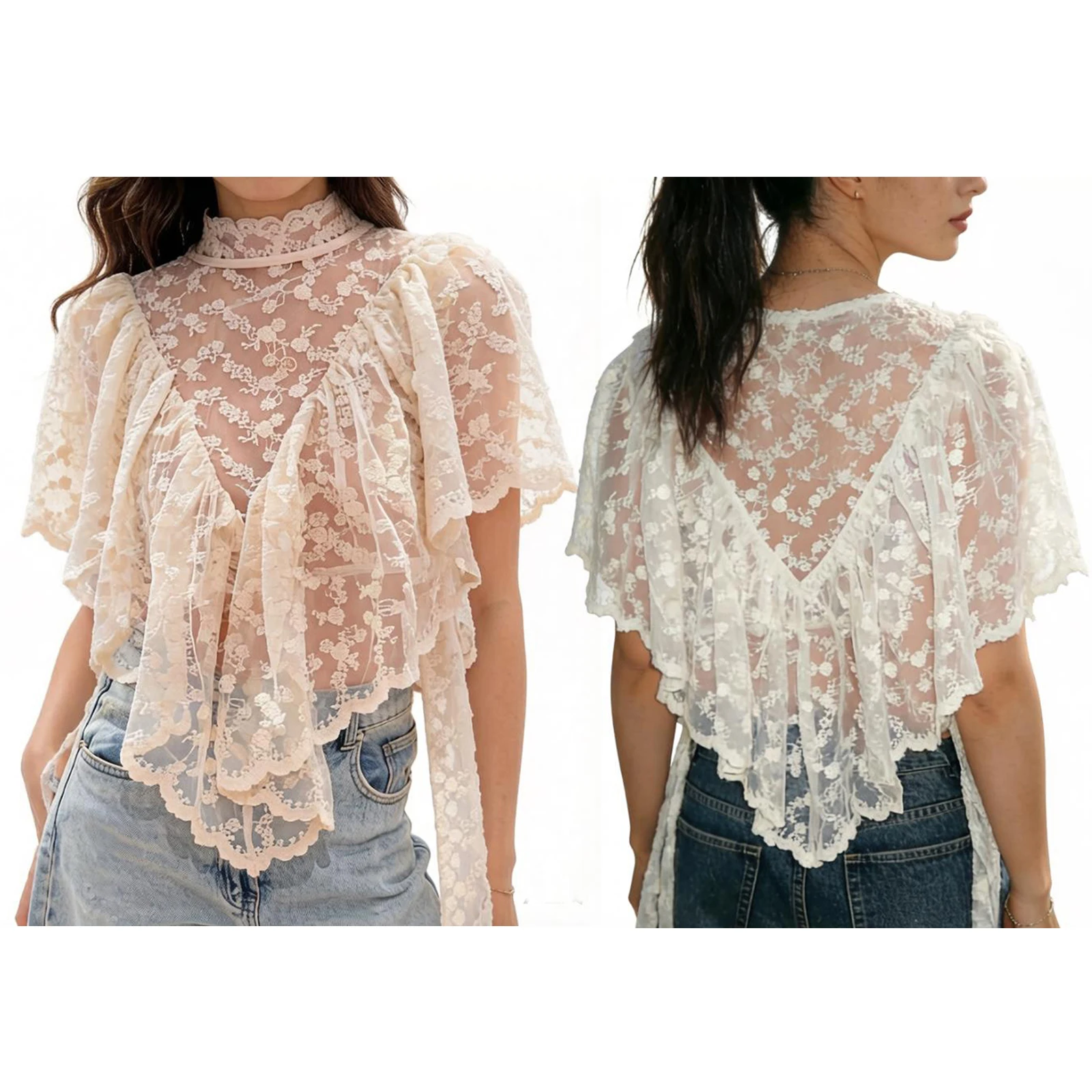 Dames zomerbloemborduurwerk kanten doorschijnend T-shirt onregelmatige driehoekige cape met ruches aan de zoom fladdermouwen top met hoge hals - afbeelding 2