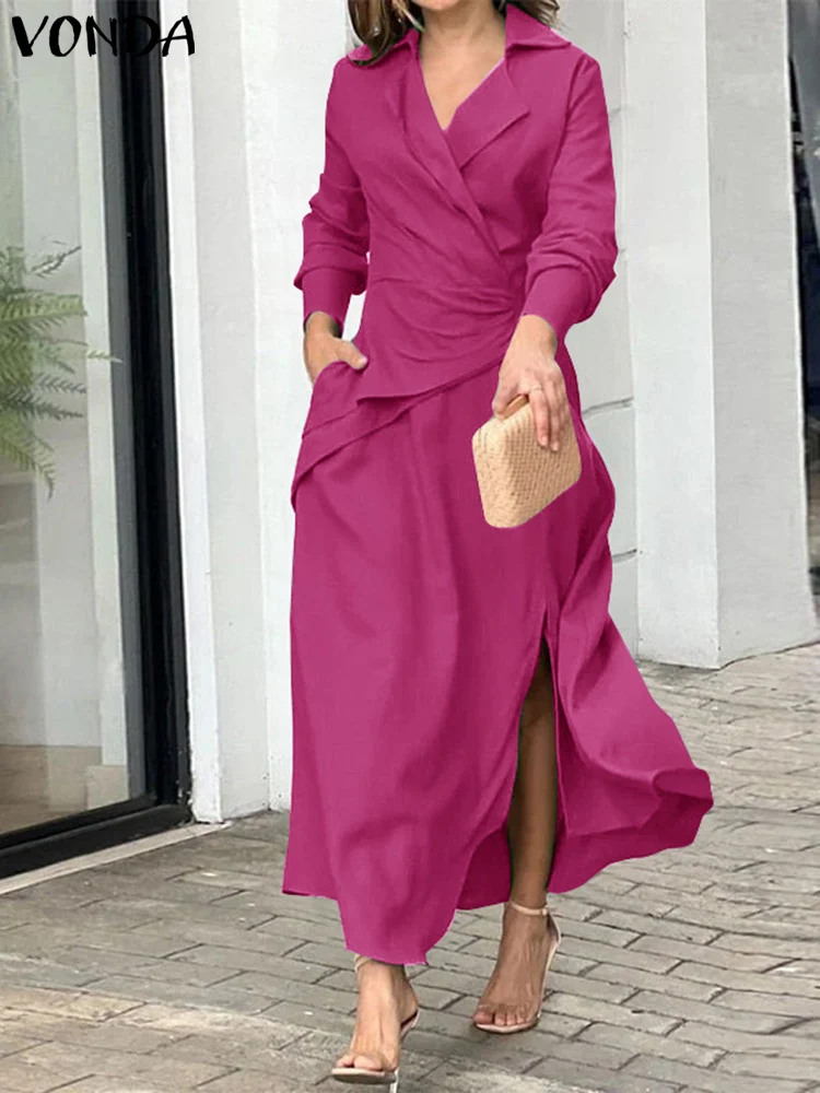 

Plus Size VONDA Women Elegant Maxi Dress 2024 Long Sleeve Office Sundress Casual Solid Color Vestidos Vintage Lapel Neck Robe