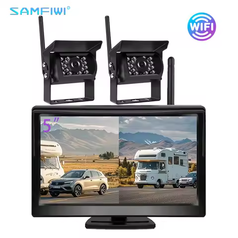 2CH Monitor Digital Wireless 5" Dual Screen Display 18 IR Reversing Cameras 30-50m 12-24V For Caravan Truck RV Trailer