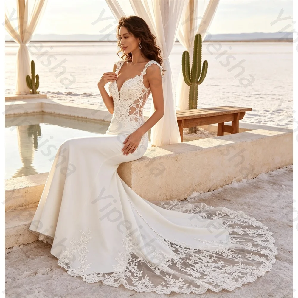 Customized Lace Thin Shoulder Strap Mermaid Wedding Dress 2026 Sexy V-neck Cinched Waist Garden Bride Gown Suitable for Beach