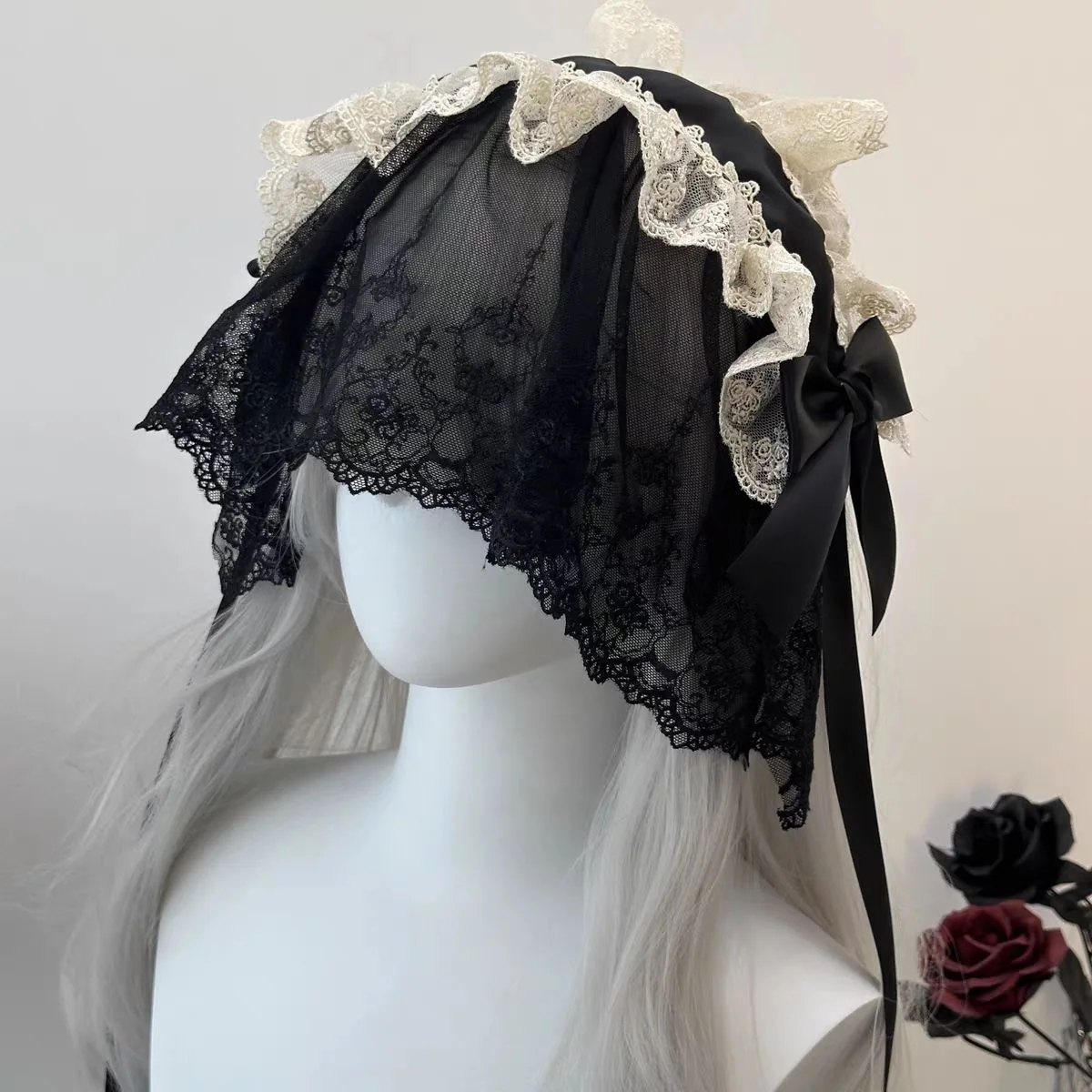 Gothic Black Lace  Veils Maid Headdress Ruffled Lace Headpiece Lolita Cosplay Headwear Costume Accessories