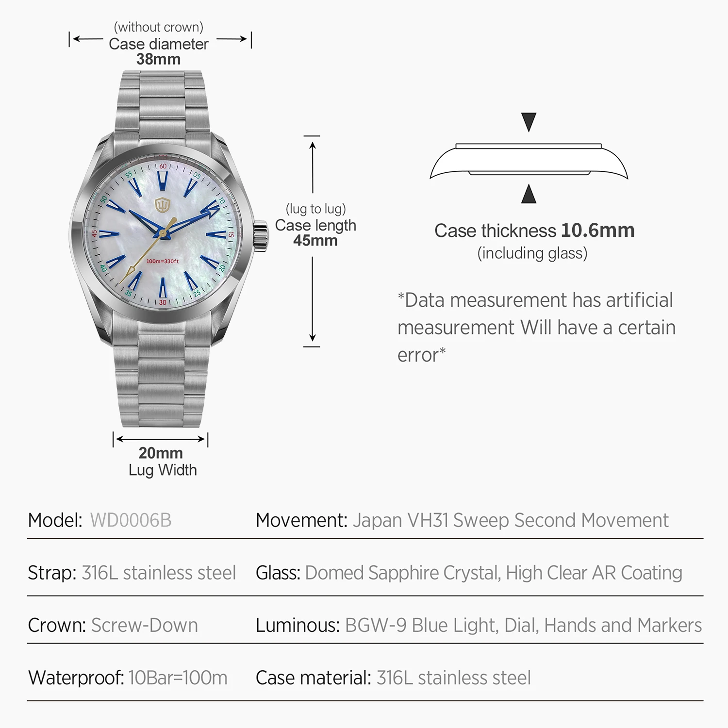 Watchdives WD0006 VH31 Quartz Wristwatches White Mops Dial AR Sapphire Luminous BGW9 100M Waterproof 38Mm Stainless Steel Watch