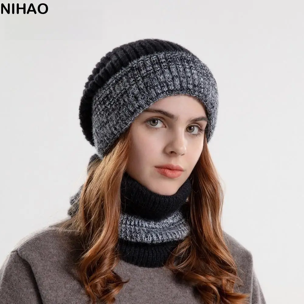 Gorro de inverno macio conjunto de cachecol design elegante proteção térmica boné de malha térmica engrossar lã forrado chapéu de lã quente