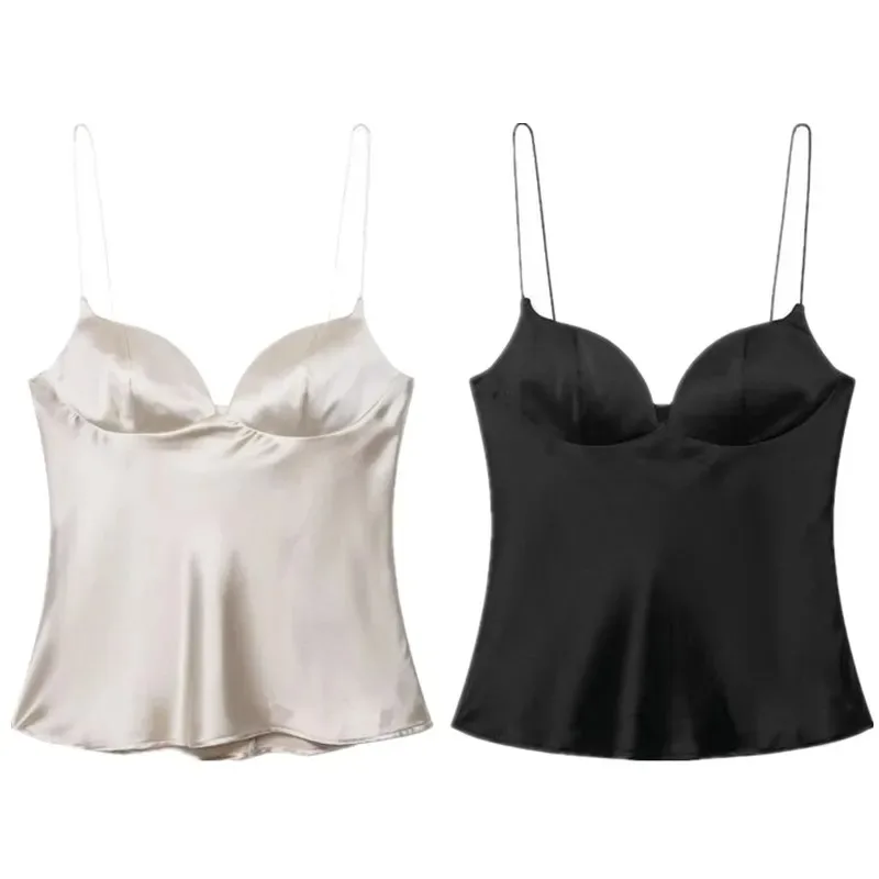 New Summer Comfortable Casual Women's Sexy Slim Fit Solid Color Backless Heart-shaped Collar Silk Satin Texture Tank Top